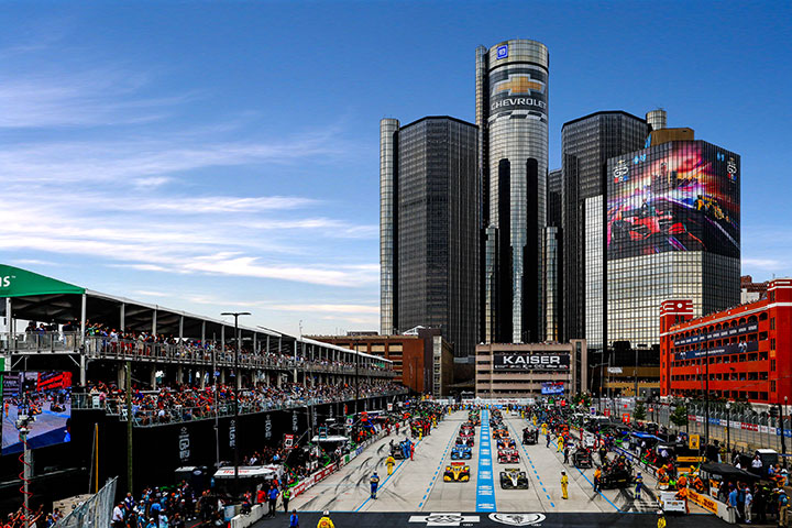 A view of the skyline and pit lane at Detroit in 2024